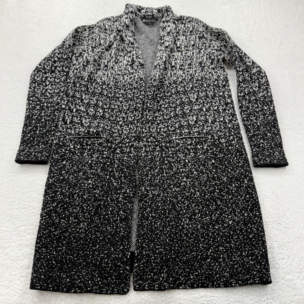 Athleta Black White Speckled Knit Cardigan Sweater Long Sleeve Open Front Size S